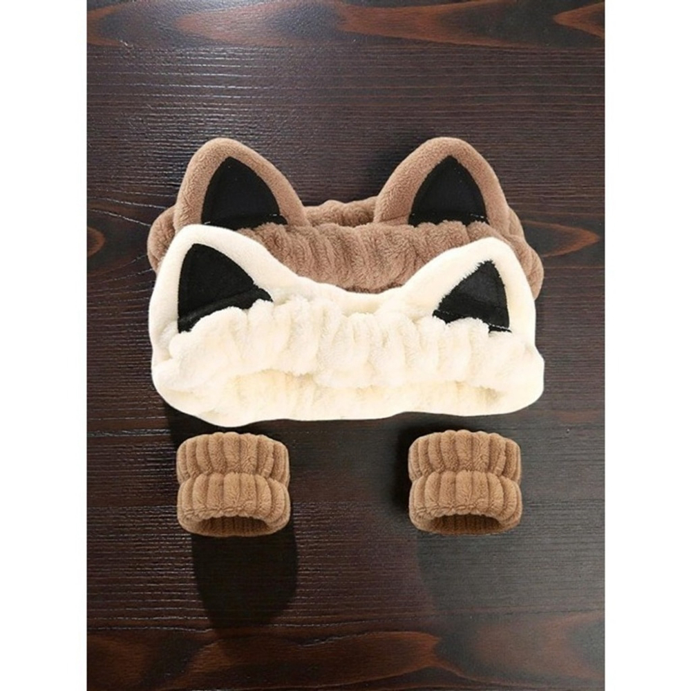 Cat Ears Headband and Wristband Set Washing Face Skincare Makeup For Women Girls